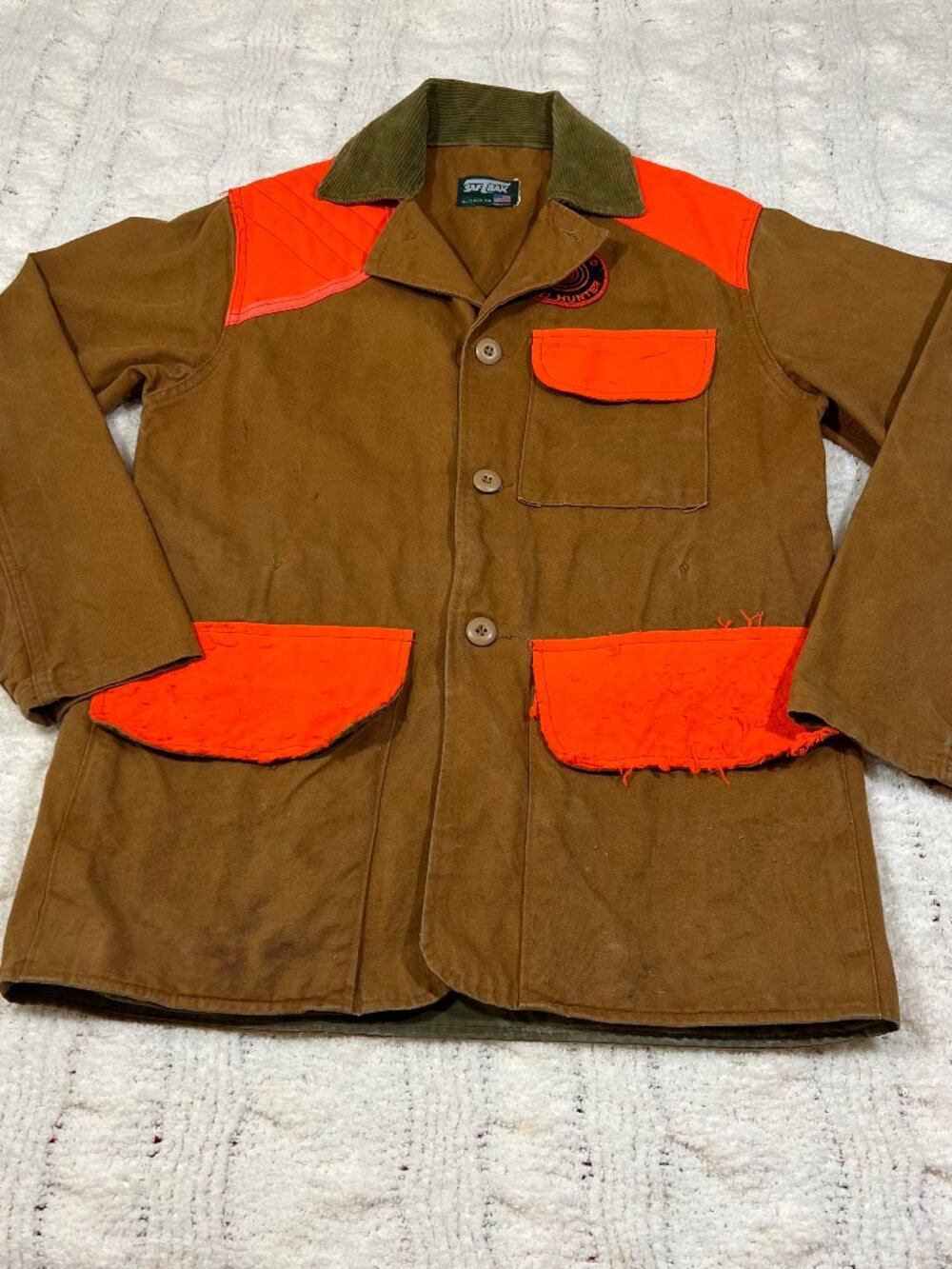 VTG SafTBak Duck Canvas Hunting Jacket Coat Orange Blaze Patch Distressed USA M?